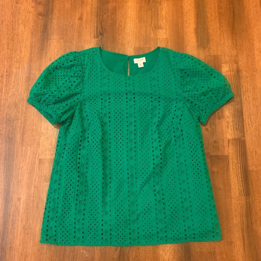 J. Crew Blouse XS Green Eyelet with Elegant Detailing Lined St.Patrick’s Day